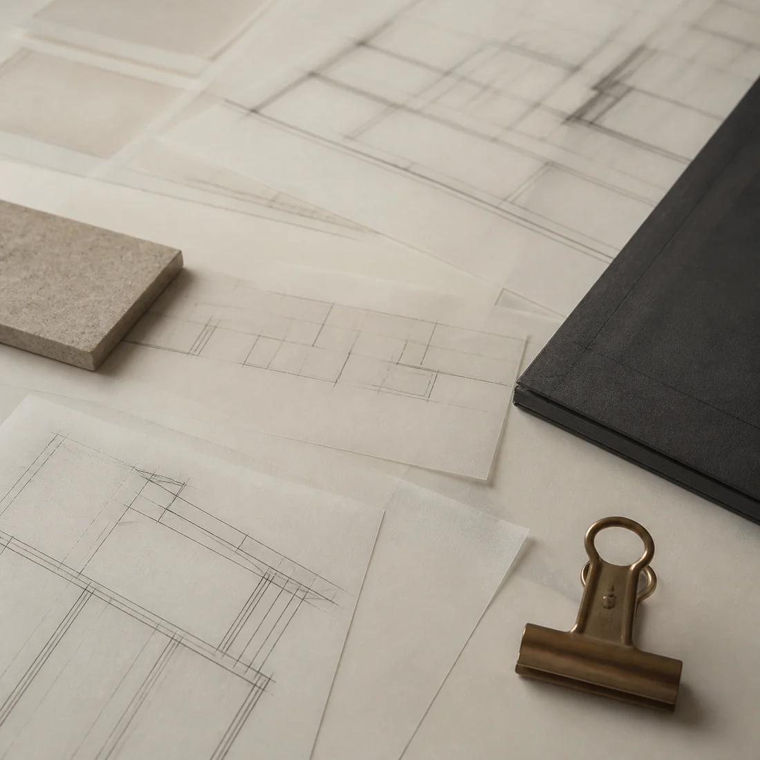 Geordnete technische Zeichnungen, Materialmuster und Dokumentenmappe