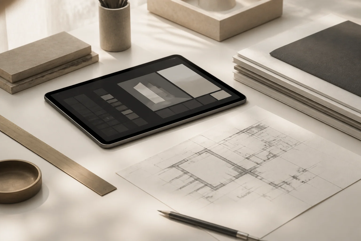 Arbeitsplatz mit Tablet, technischer Skizze und präzisen Arbeitsmitteln